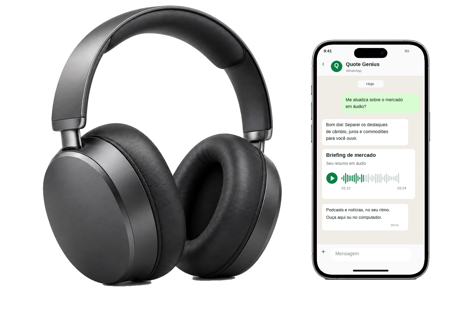 Fones de ouvido ao lado de um celular com um exemplo ilustrativo de briefing de mercado em áudio no WhatsApp.