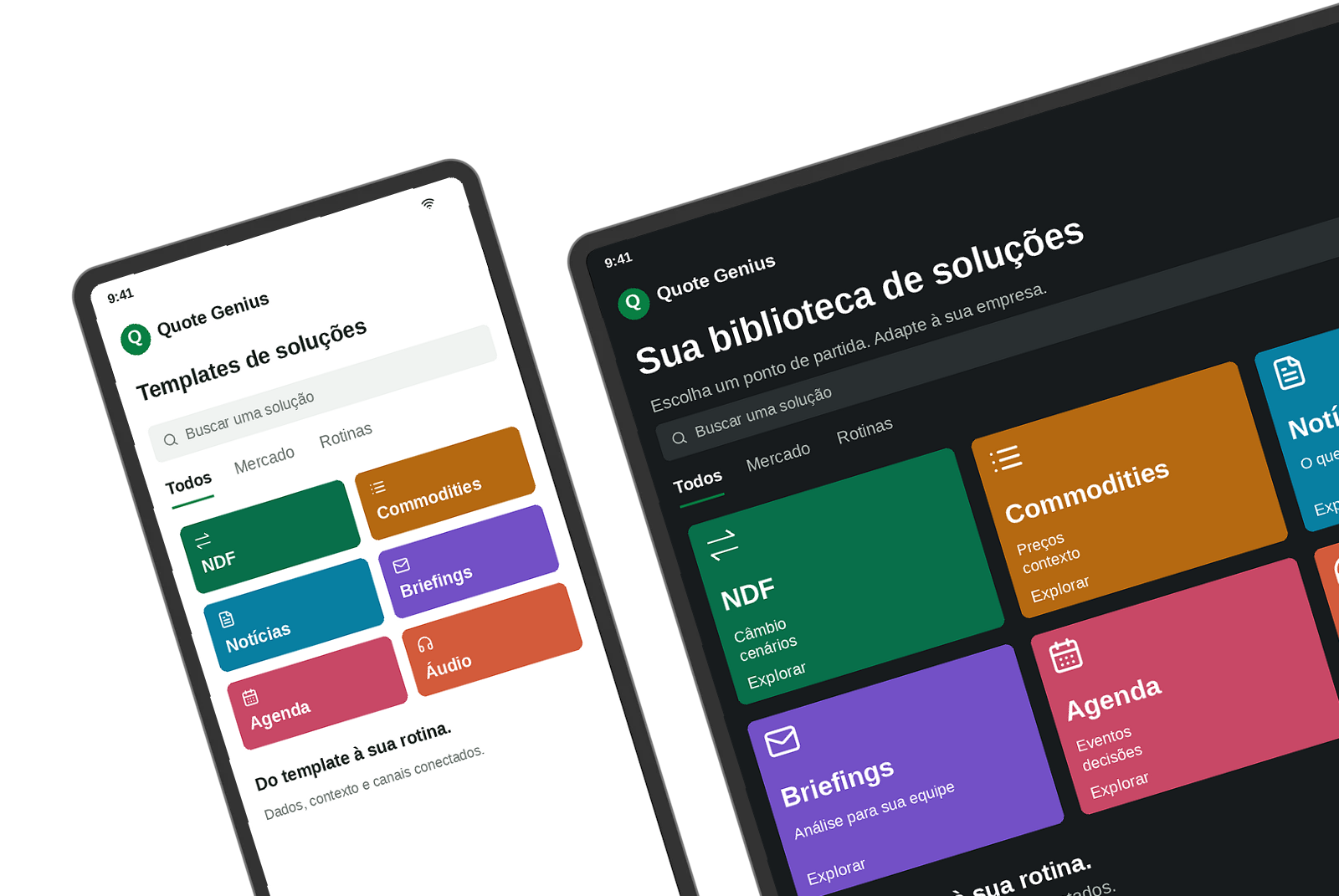 Composição ilustrativa de templates do Quote Genius para NDF, commodities, notícias, briefings, agenda e áudio, em um celular e um tablet.